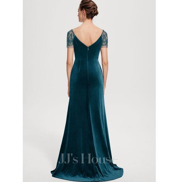 JJ’s House Dusty Rose Velvet Gown Beaded Sleeve Wedding Guest Dress Size 10/12 - Picture 11 of 12